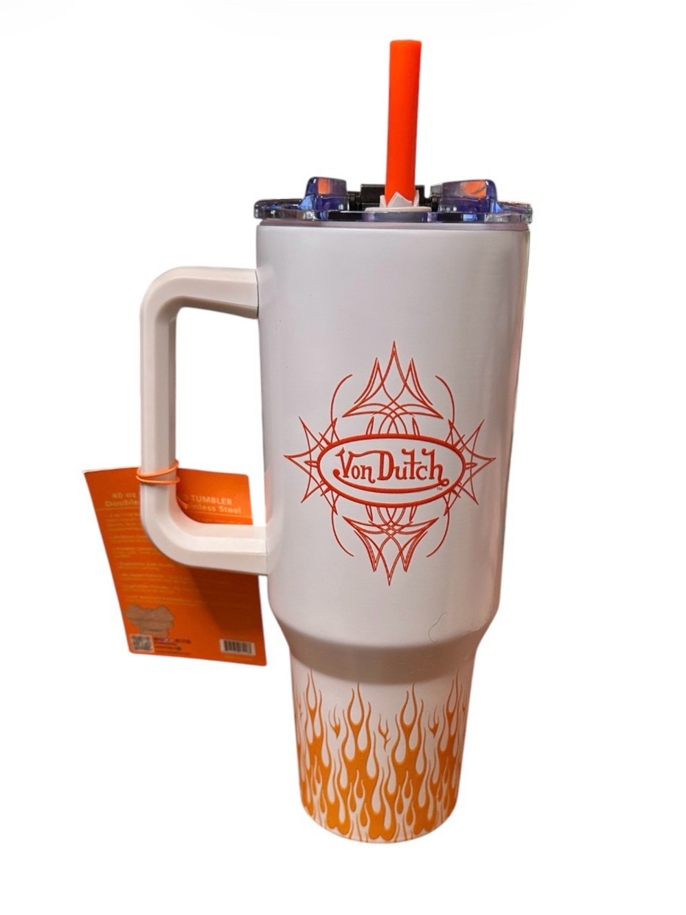 NWT Von Dutch Orange & Cream Flame Travel Mug 40oz Tumbler with Handle and Straw
